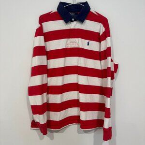 Vintage Polo Ralph Lauren Mens Long Sleeve Rugby Polo Shirt XL Red White Stripe